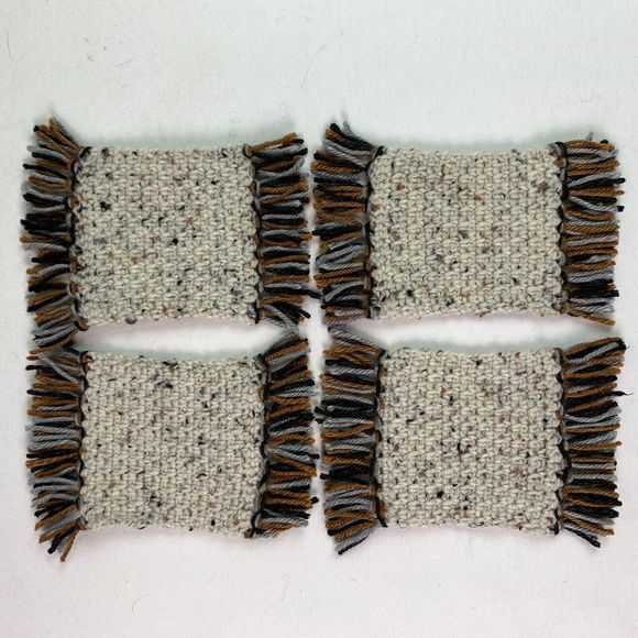 Mug Rugs Handmade Crochet Brown Gray Variegated Felt Backed Fringe 4 Coasters - Picture 3 of 11